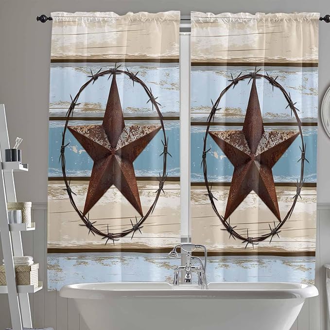 Vintage Western Star on Wood Grain Window Valance Curtains, Retro Wooden Texture Light Filtering Kitchen Valance with 3-inch Rod Pocket for Living Room Bathroom Bedroom,2 Panel,52x72In