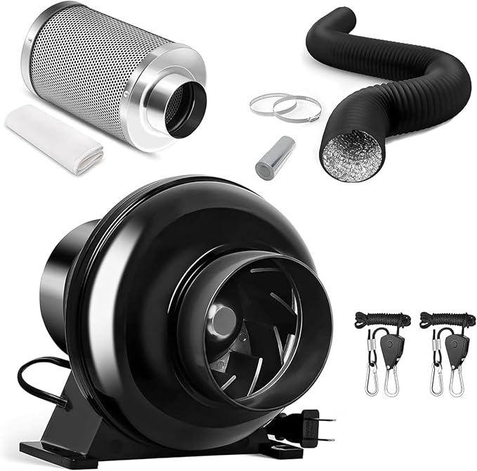 iPower 4" 195 CFM Inline Fan with Upgrade Air Carbon Filter, 8 FT Black Ducting & Rope Hanger, Ventilation System for Grow Tent, Hydroponics, Air Circulation