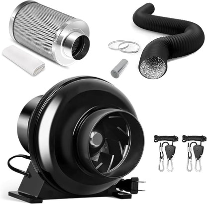 iPower 4" 195 CFM Inline Fan with Upgrade Air Carbon Filter, 8 FT Black Ducting & Rope Hanger, Ventilation System for Grow Tent, Hydroponics, Air Circulation