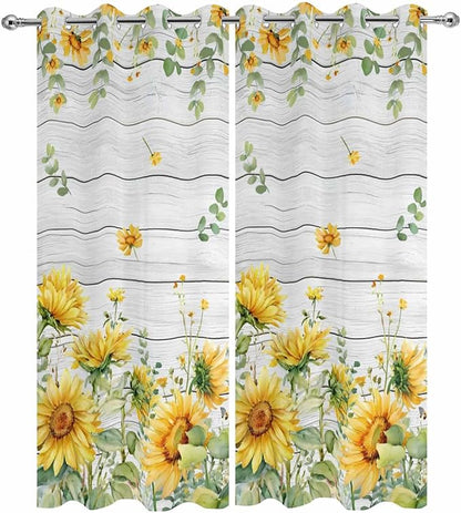 Sunflowers Outdoor Curtains for Patio Summer Floral Eucalyptus Leaf Wood Plank Waterproof Outside Curtains with Grommet Top Weatherproof Curtain for Cabana Pergola Gazebo, 2 Pack, 54" W x 108" L