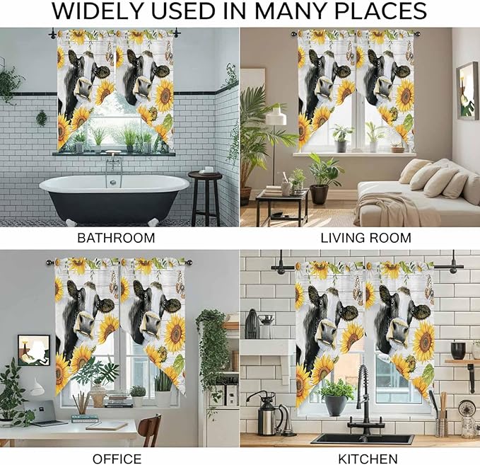 Retro Farmhouse Floral Swag Valances for Windows, Yellow Sunflowers Cows Butterfly Wood Rod Pocket Kitchen Curtains Valance, Small Window Curtains Swag for Cafe Living Room, 2 Panels, 28x36 inch