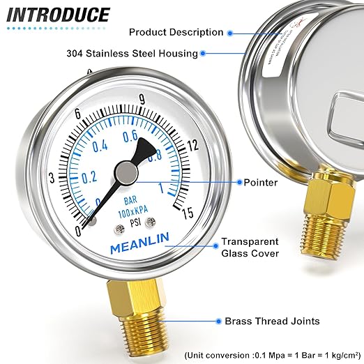 MEANLIN MEASURE 0~15Psi Dry Low Pressure Gauge Stainless Steel 1/4" NPT 2" FACE DIAL Waterproof for Water Oil Air Well Pump Tank Tire Pressure Test Lower Mount, with 1/2" NPT and 3/8" NPT Hex Bushing