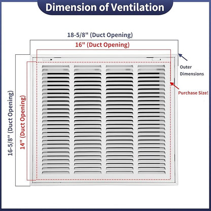 16"W x 14"H [Duct Opening Size] Steel Return Air Filter Grille - Removable Face/Door for 1 inch Filters -HVAC Vent Cover Grill - White [Outer Dimensions: 18 5/8"W X 16 5/8"H]