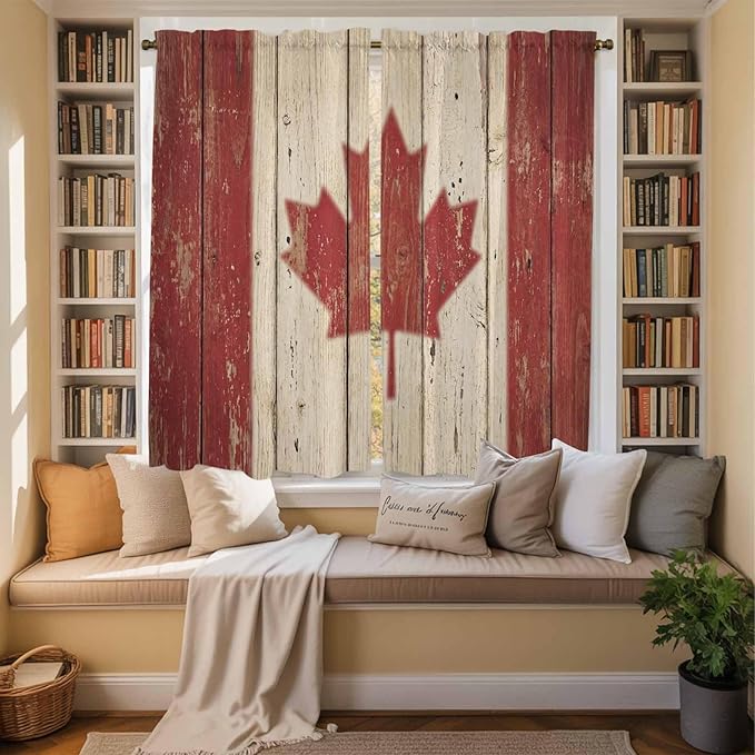 Canada Kitchen Curtains, Red Maple Leaf Flag Vintage Farmhouse Wooden Grain Light Filtering Window Curtain Panels, 2Pcs Rod Pocket Window Treatments Set for Living Room Bathroom Bedroom 42x63 Inches