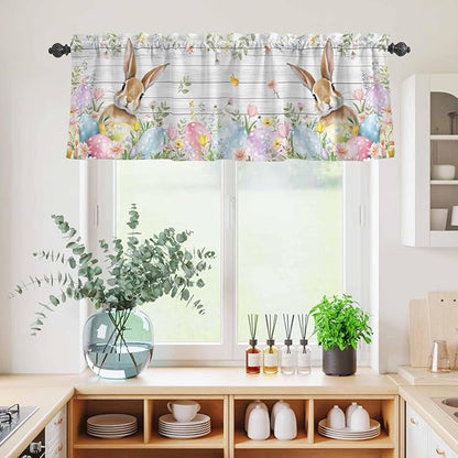 Kitchen Curtains Tiers and Valance Set of 3, Easter Light Filtering Window Curtain Set, Rustic Spring Bunny Eggs Botanical Grey Wooden Rod Pocket Curtain Drapes for Cafe, Living Room, 24 Inches Tiers