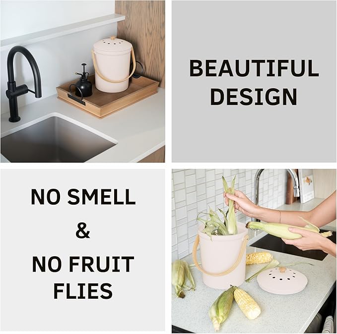 Beautiful Kitchen Compost Bin with Smell Proof Lid - Rust Proof and Odorless Compost Bucket for Your Countertop with No Smell Filters - Easy to Clean 1.1 Gallon Bin Looks Great On Any Kitchen Counter