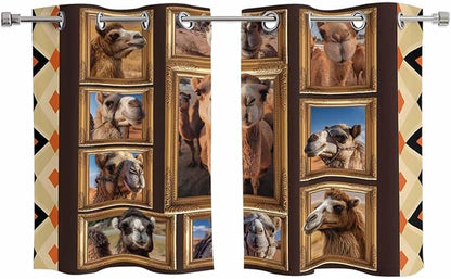 2 Panel Kitchen Cafe Curtains, Wildlife Camels Sunlight Filtering Nature Air Through, Home Decor Window Covering Tier Curtains for Living Room 55W x 39L inch Deserts Animals Brown Geometric Rustic