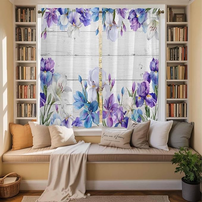 Spring Flowers Kitchen Curtains, Watercolor Garden Florals Wooden Grain Light Filtering Window Curtain Panels, 2Pcs Rod Pocket Window Treatments Set for Living Room Bathroom Bedroom 42x63 Inches