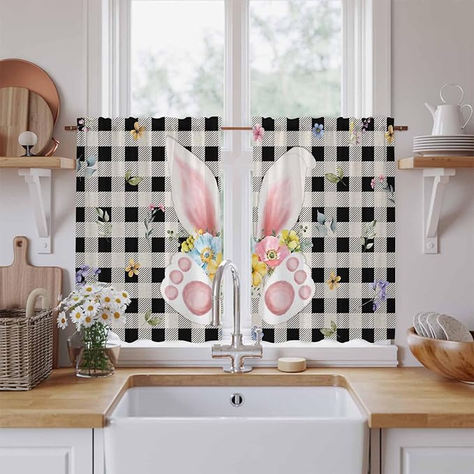 Easter Kitchen Curtains 54 Inch Long 2 Panel Set, Rod Pocket Window Curtains Panels, Spring Rabbits Ears Feet Wildflowers Black Plaid Light Filtering Drapery Draperies for Bathroom Bedroom 52"W x 54"L