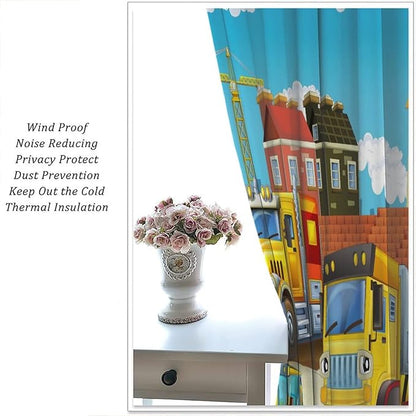 Kids Cartoon Construction Window Curtains, Funny Construction Site Cars and Helicopter Rod Pocket Decorative Windows Curtain for Children Teens Room Decor 84x84in (30% Blackout)