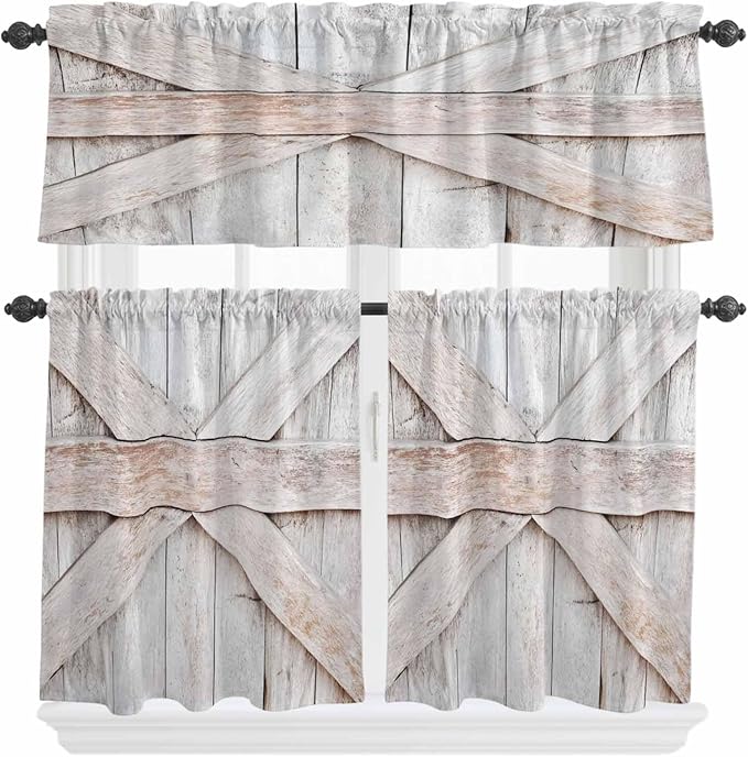 Kitchen Window Curtains Valance and Tier Set, Farmhouse Retro Wooden Barn Rod Pocket Tier Curtain Valance Set, Vintage Village Wood Grain Light Filtering Cafe Curtains for Bedroom Living Room