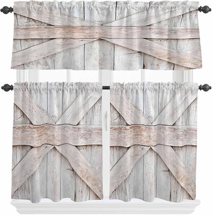 Kitchen Window Curtains Valance and Tier Set, Farmhouse Retro Wooden Barn Rod Pocket Tier Curtain Valance Set, Vintage Village Wood Grain Light Filtering Cafe Curtains for Bedroom Living Room