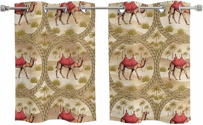 2 Panel Kitchen Cafe Curtains, Desert Camels Sunlight Filtering Nature Air Through, Home Decor Window Covering Tier Curtains for Living Room 55W x 39L inch Tropical Palm Trees Sand Cords Brown