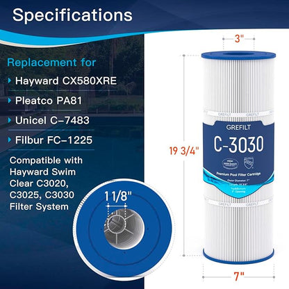 C3030 Pool Filter Cartridges, Compatible with Hayward SwimClear C3030, C3020, C3025, Replace Hayward CX580XRE, Pleatco PA81, Unicel C-7483, 325 sq.ft, 4-Pack