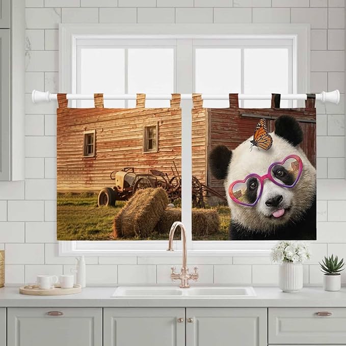 Farm Panda Kitchen Curtains 36 Inch Length, Small Window Curtains Tab Top, Farmhouse Barn Funny Animals Butterfly Light Filtering Short Window Treatments Tier Drapes 27.5"x36" 2 Panel