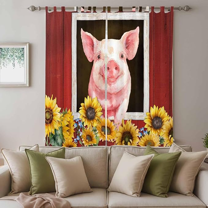 Pigs Sunflowers Living Room Curtains 96 Inch Length, Window Curtains Tab Top, Farmhouse Red Barn Flowers Animals Light Filtering Window Treatments Drapes 52"x96" 2 Panel