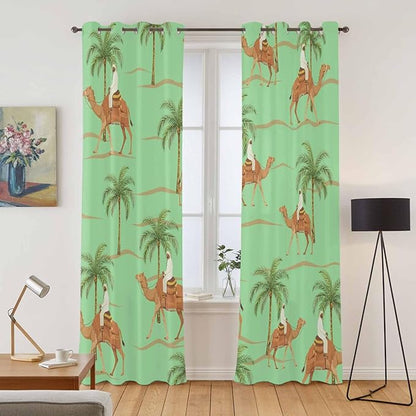 2 Panel Kitchen Cafe Curtains, Desert Camels Sunlight Filtering Nature Air Through, Home Decor Window Covering Tier Curtains for Living Room 104W x 96L inch Tropical Date Palm Trees Animal Green