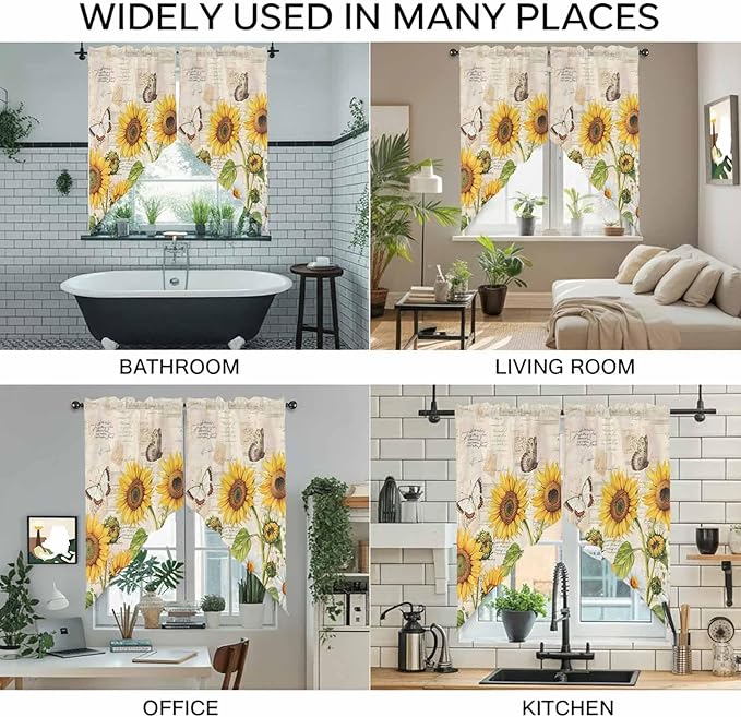 Yellow Sunflowers Swag Valances for Windows, Country Farm Butterfly Flower Light Beige Rod Pocket Kitchen Curtains Valance, Kitchen Window Curtains Swag for Cafe Living Room, 2 Panels, 36x45 inch