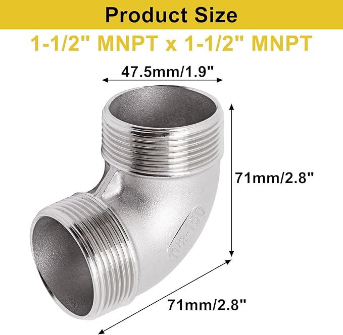 90 Degree Elbow 1PCS, 1-1/2" NPT Male X 1-1/2" NPT Male 304 Stainless Steel Pipe Fitting, Connector Coupler Apply to Outdoor Garden Industrial
