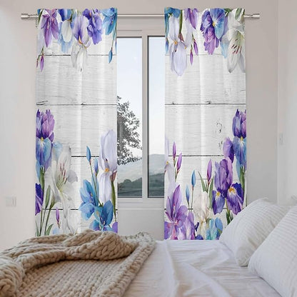 Spring Flowers Kitchen Curtains, Watercolor Garden Florals Wooden Grain Light Filtering Window Curtain Panels, 2Pcs Rod Pocket Window Treatments Set for Living Room Bathroom Bedroom 52x72 Inches