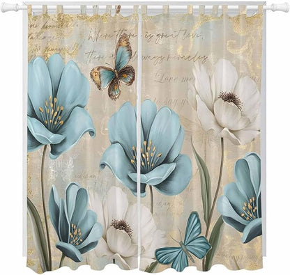 Spring Flowers Living Room Curtains 84 Inch Length, Window Curtains Tab Top, Vintage Rustic Tulips Floral Butterfly Khaki Light Filtering Window Treatments Drapes 52"x84" 2 Panel