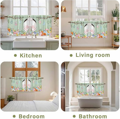 Easter Kitchen Tier Curtains 24 Inch Long 2 Panel Set,Rod Pocket Cafe Small Window Curtains Over Sink,Spring Watercolor Bunny Eggs Wooden Grain Green Light Filtering Short Drapes 27.5"W x 24"L