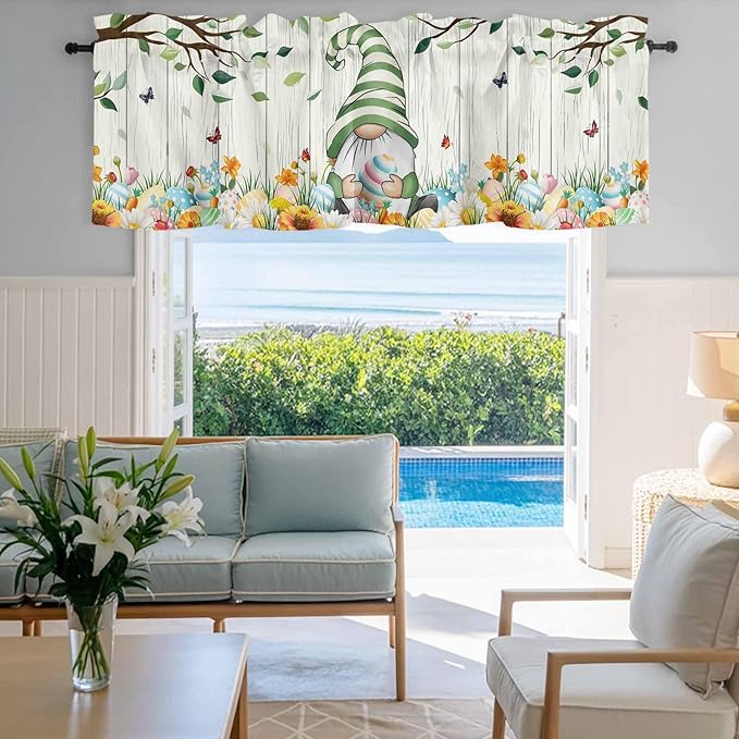 Easter Gnomes Curtain Valances for Windows, Kitchen Valance Window Treatment, Spring Watercolor Eggs Flower Wood Grain Light Filtering Block Curtains for Bathroom/Bedroom/Living Room 42'' x 18''