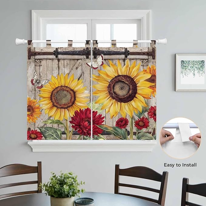 Sunflowers Bedroom Curtains 63 Inch Length, Window Curtains Tab Top, Retro Flower Barn Doors Butterfly Farmhouse Brown Light Filtering Window Treatments Drapes 42"x63" 2 Panel