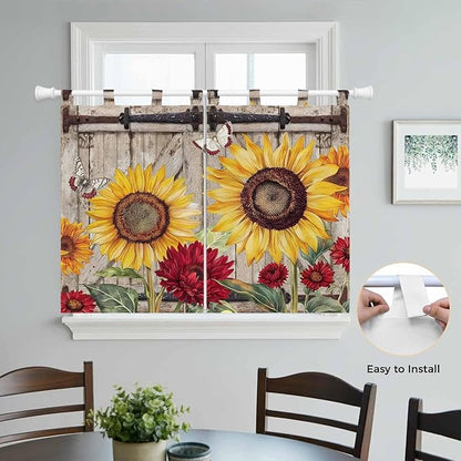 Sunflowers Kitchen Curtains 45 Inch Length, Short Cafe Window Curtains Tab Top, Retro Flower Barn Doors Butterfly Farmhouse Brown Light Filtering Window Treatments Tier Drapes 27.5"x45" 2 Panel