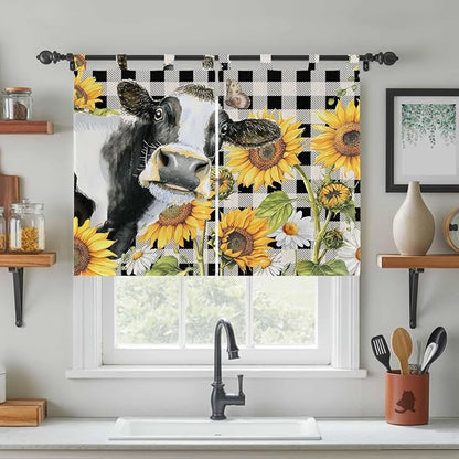 Retro Sunflowers Bedroom Curtains 63 Inch Length, Window Curtains Tab Top, Farmhouse Floral Cow Butterfly Black Plaid Light Filtering Window Treatments Drapes 42"x63" 2 Panel