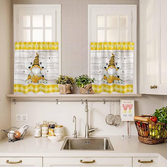 Yellow Gnomes Kitchen Curtains Set 3 Piece for Windows, Rod Pocket Valance and Tier Set 24 Inch Length, Spring Bees Daisy Plaid Wooden Grain Light Filtering Cafe Curtains for Living Room Bathroom