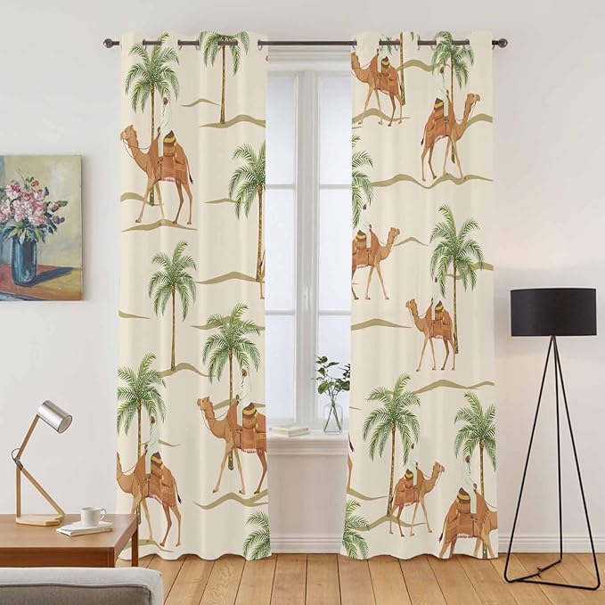 2 Panel Kitchen Cafe Curtains, Date Coconut Tree Sunlight Filtering Nature Air Through, Home Decor Window Covering Tier Curtains for Living Room 104W x 96L inch Desert Camels Botanical Tropical Beige