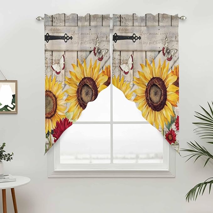 Red Yellow Sunflowers Swag Valances for Windows, Retro Rustic Barn Doors Butterfly Brown Rod Pocket Kitchen Curtains Valance, Small Window Curtains Swag for Cafe Living Room, 2 Panels, 28x36 inch