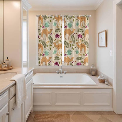 2 Panel Kitchen Cafe Curtains, Desert Camels Sunlight Filtering Nature Air Through, Home Decor Window Covering Tier Curtains for Living Room 104W x 84L inch Vintage Sand Animals Aloe Vera Leaves Beige