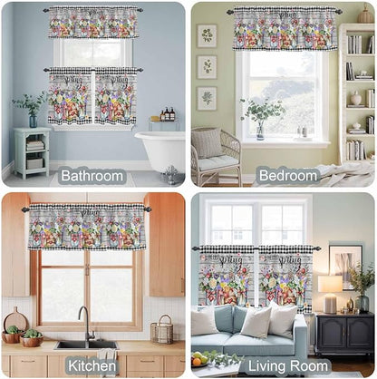 Spring Flowers Kitchen Curtain Set, Farmhouse Black Plaid Wood Grain Window Valance and Tiers 36" Length, Light Filtering Short Curtains Valance for Cafe Bathroom Bedroom 54"x18"