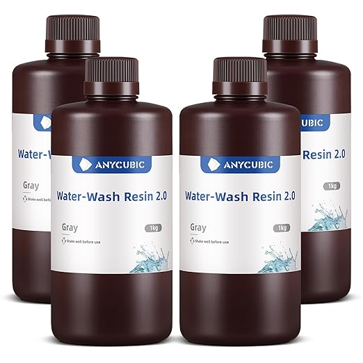 ANYCUBIC Water Washable 3D Printer Resin 2.0 Bundle, 405nm High Precision UV-Curing 3D Resin, Low Shrinkage Photopolymer Resin for LCD Resin 3D Printer (4Packs*1kg Grey, 4kg in Total)