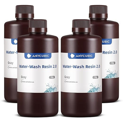 ANYCUBIC Water Washable 3D Printer Resin 2.0 Bundle, 405nm High Precision UV-Curing 3D Resin, Low Shrinkage Photopolymer Resin for LCD Resin 3D Printer (4Packs*1kg Grey, 4kg in Total)