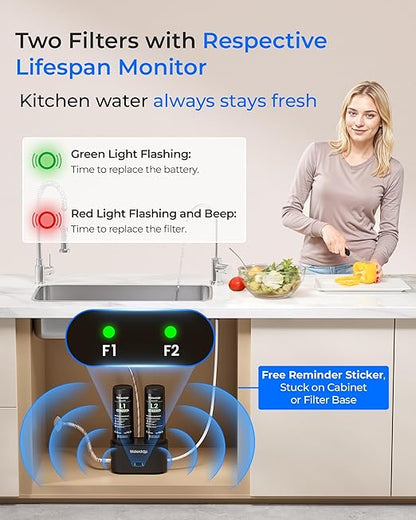 Waterdrop DLG-L Under Sink Water Filter, Reduces Chlorine Lead Chloramine Bad Taste, 2 Stage Under Sink Water Filtration System with Separate Faucet, Life Indicator, Innovative Dual Filtered Flows