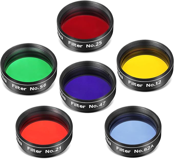 Astromania Telescope Filter Set, 1.25 inches Six Color Filters Kit (Red, Orange, Yellow, Green, Dark Blue, Light Blue), Telescope Accessories to Enhance Moon Planetary View for Astronomical Telescopes