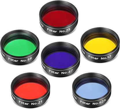 Astromania Telescope Filter Set, 1.25 inches Six Color Filters Kit (Red, Orange, Yellow, Green, Dark Blue, Light Blue), Telescope Accessories to Enhance Moon Planetary View for Astronomical Telescopes