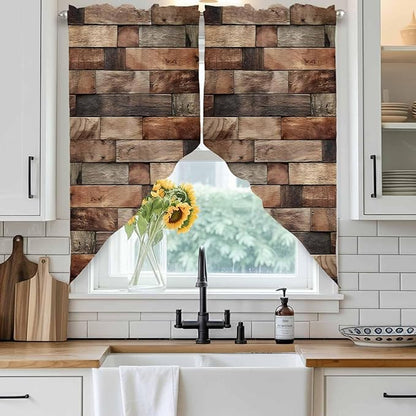 Western Barn Door Swag Valances for Windows, Vintage Farmhouses Wooden Door Brown Rod Pocket Kitchen Curtains Valance, Small Window Curtains Swag for Cafe Bathroom Living Room, 2 Panels, 36x36 inch