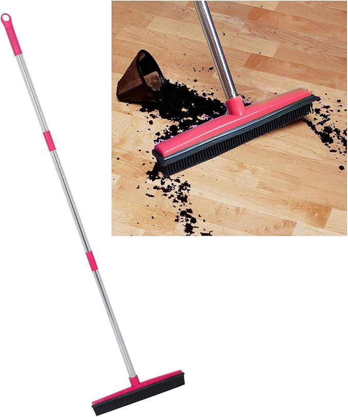 Multifunctional Broom, Telescopic Carpet Rake Rubber Pp 12.6in Brush Easy Wash Floor Carpet Broom for Pet Hair Dust Removal Tile Window Cleaner (Pink)