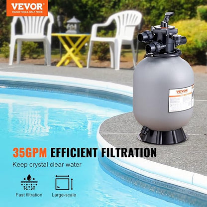 VEVOR 25023BX 16-inch, Up to 35 GPM Flow Rate, Above Inground Swimming Pool Sand System with 7-Way Multi-Port Valve, Filter, Backwash, Rinse, Recirculate, Waste, Winter, Closed Functions, Gray