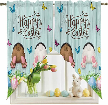 Swag Curtain Valances for Kitchen Windows,Happy Easter Bunny Butt Egg Floral Short Rod Pocket Window Valance,Spring Plant on Aqua Wood Swag Topper for Bedroom Living Room,2 Panels 36x36in