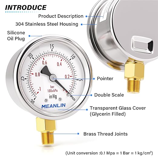 MEANLIN MEASURE -30inHG~0Psi Vacuum Gauge Stainless Steel 1/8" NPT 2" FACE DIAL Waterproof for Air Compressor HVAC Negative Pressure Hand Pump Pool Lower Mount, with 1/4" NPT and 3/8" NPT Hex Bushing