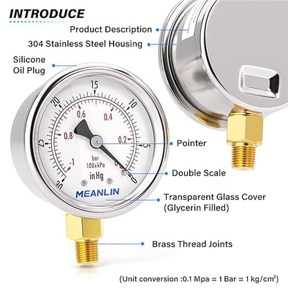 MEANLIN MEASURE -30inHG~0Psi Vacuum Gauge Stainless Steel 1/8" NPT 2" FACE DIAL Waterproof for Air Compressor HVAC Negative Pressure Hand Pump Pool Lower Mount, with 1/4" NPT and 3/8" NPT Hex Bushing