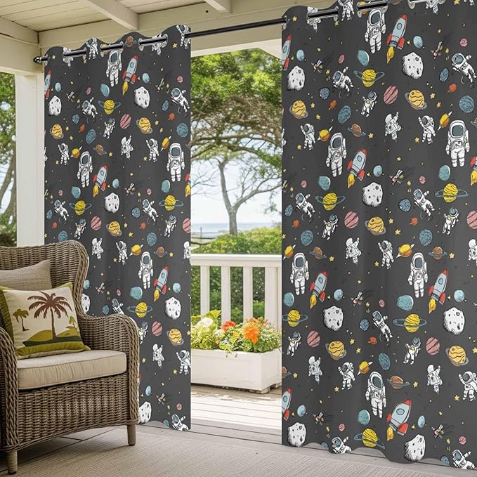 Cartoon Space Outdoor Curtains for Patio Rockets Planets Astronauts Gray Waterproof Outside Curtains with Grommet Top Weatherproof Curtain for Cabana Pergola Gazebo, 2 Pack, 54" W x 108" L