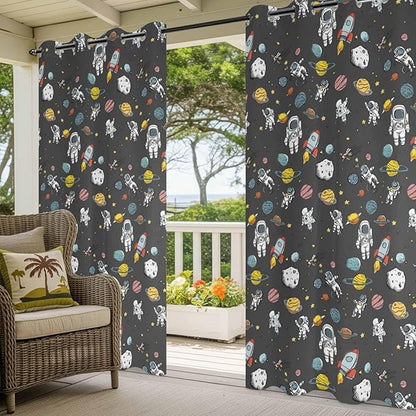 Cartoon Space Outdoor Curtains for Patio Rockets Planets Astronauts Gray Waterproof Outside Curtains with Grommet Top Weatherproof Curtain for Cabana Pergola Gazebo, 2 Pack, 54" W x 108" L