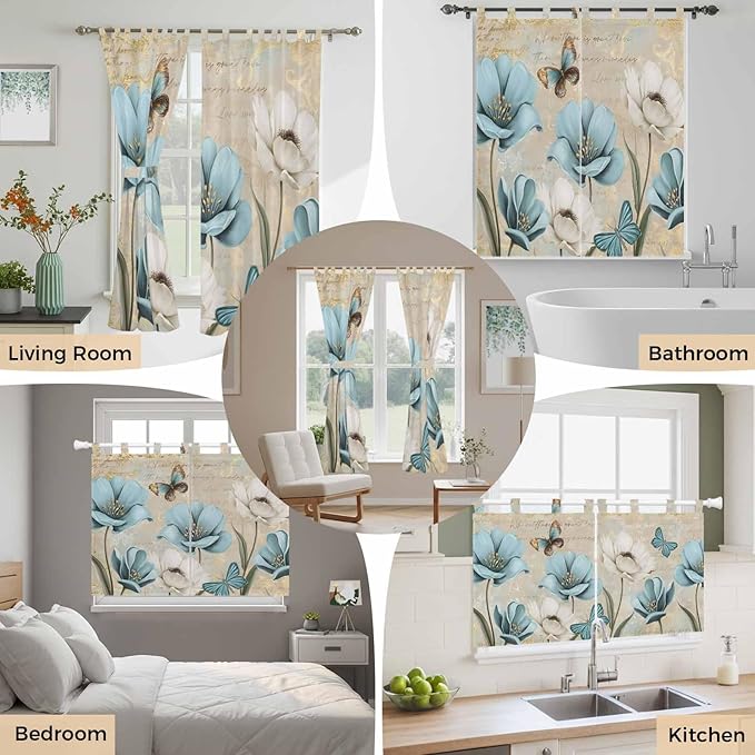 Spring Flowers Living Room Curtains 84 Inch Length, Window Curtains Tab Top, Vintage Rustic Tulips Floral Butterfly Khaki Light Filtering Window Treatments Drapes 42"x84" 2 Panel