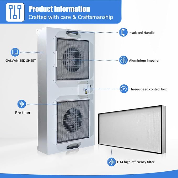 HEPA H14-Filter Laminar Flow Hood Updated FanFilter Unit（Include HEPA Filter）100/ISO Class 5 Cleanroom/Laboratory/Cleanroom/Mushroom Room, Laminar Air Flow Hood(46.2"x22.6"110V，Dual machine)